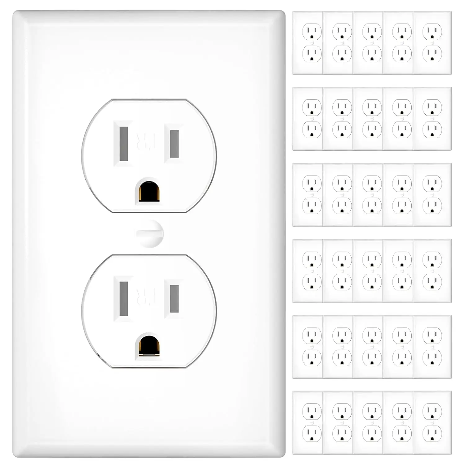 30 Pack 15 Amp Duplex Outlets, Tamper Resistant, UL Listed | Heavy-Duty 2-Pole 3-Wire Electrical Receptacles, Self-Grounding with Wall Plates, Residential & Commercial Use, White