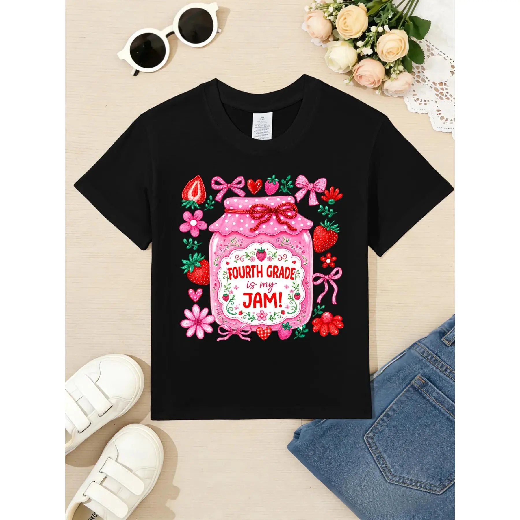 Kids’ 100% Cotton Fitted-Cut Back to School 4th Grade Is My Jam Strawberry T-Shirt, Soft Breathable Crew Neck Short Sleeve Casual Tee for Boys & Girls, Daily Outfit Top