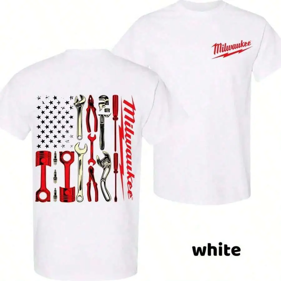 Mechanic Tool Graphic Double Sided Cotton Tshirt, Cool Gift For Dads, Mechanics, Electricians And Tradesmen, Casual Summer Cotton Mens Clothes, Lightweight Crew Neck Short Sleeve Top For Builders Breathable Cotton Tee Shortsleeve