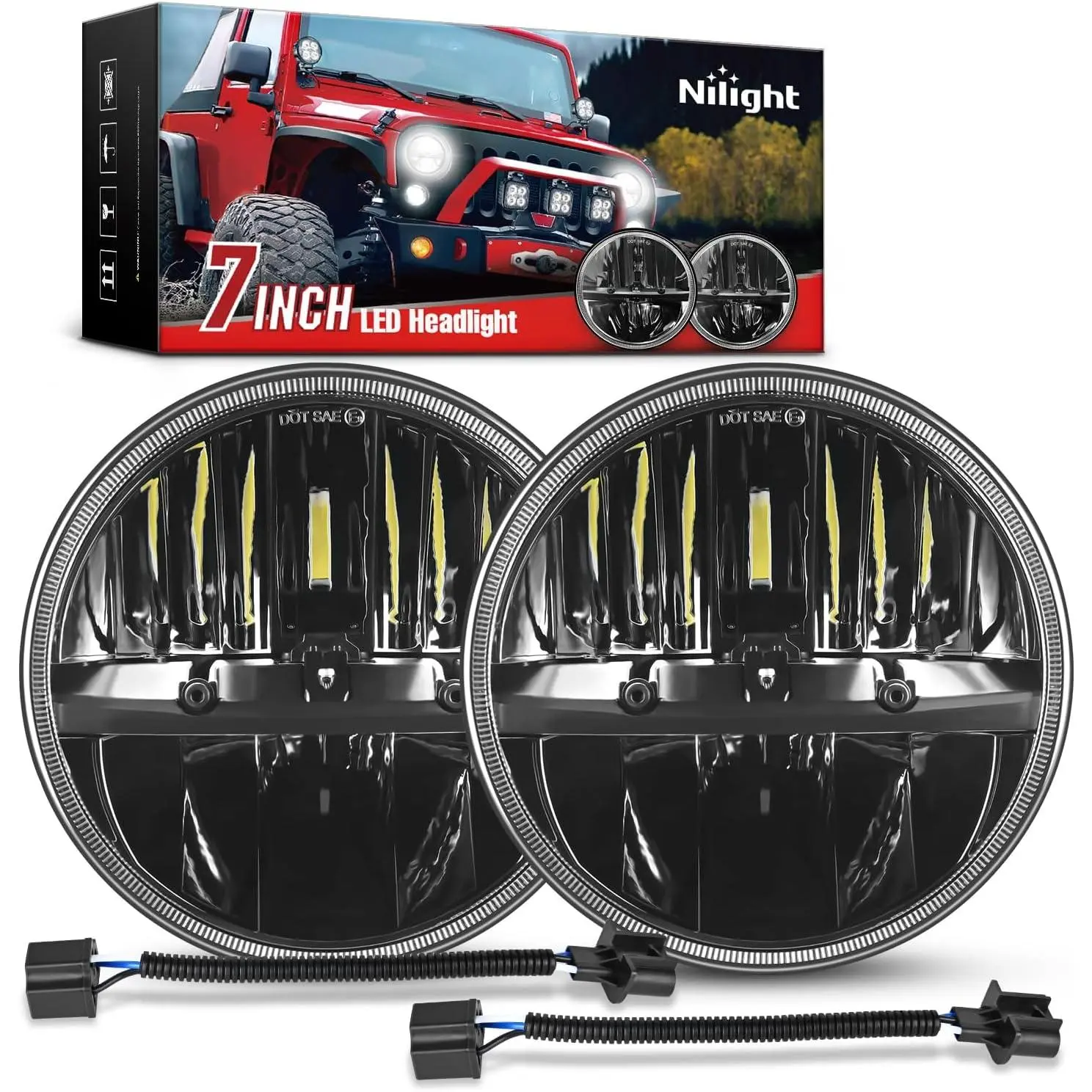 Nilight 2PCS 7in LED Headlights with High-Low Beam, LED Chips, Plug-and-Play Round Lamp for JK/JKU Series (2007-2017), 1997-2006 Wrangler TJ 2 Door, Ideal for Night Driving
