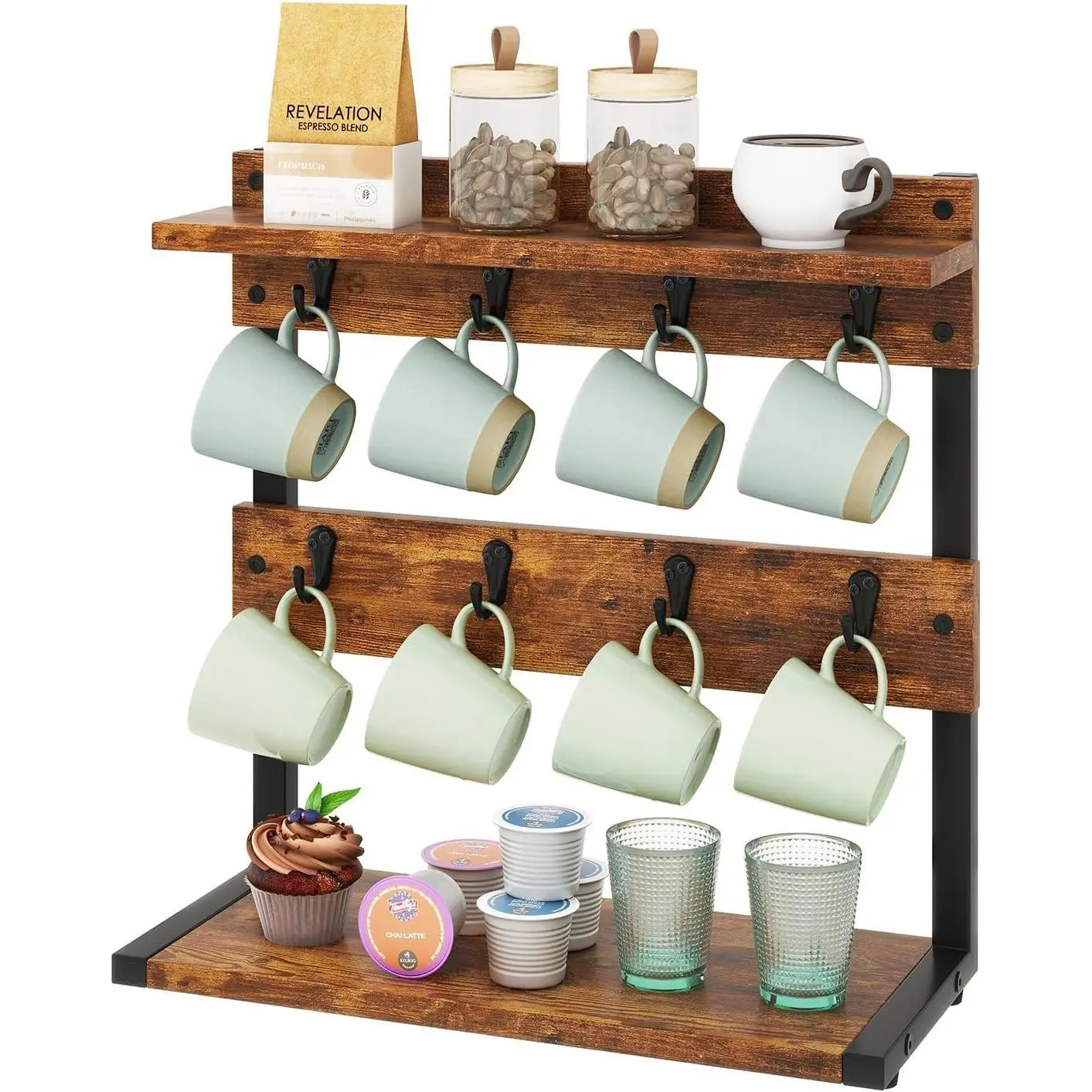 Countertop Mug Tree,Coffee Mug Cup Holder,Brown TBJ002H | Coffee Cup Holder Mug Display Organizer Mug Holders for Home Station Organizer Mug Stand Rack for Countertop Kitchen
