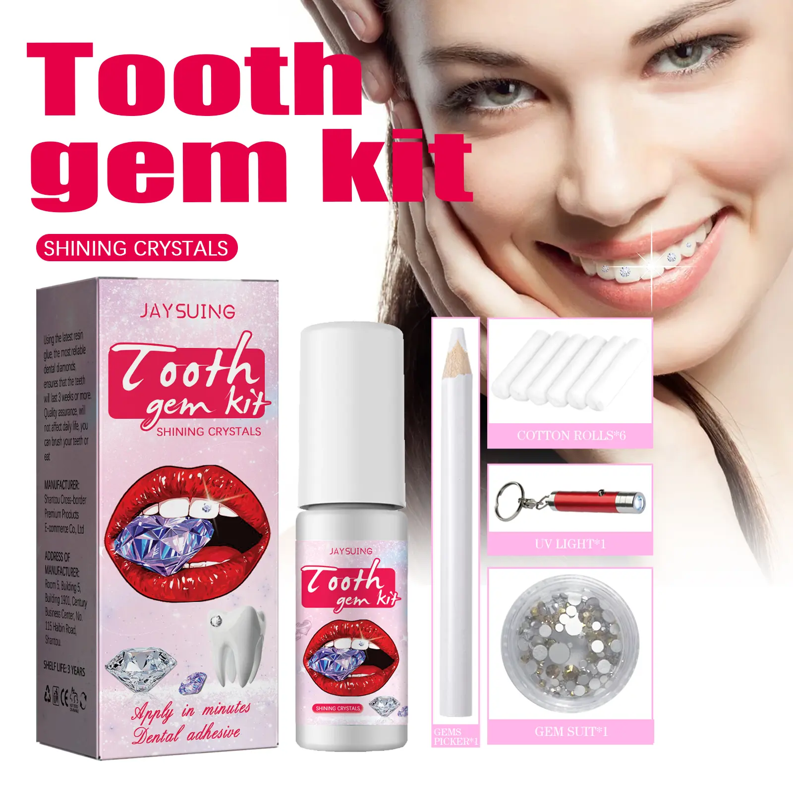 DIY Shiny Crystal Tooth Gem Kit, Easy-to-Apply & Removable Teeth Decor Jewelry for Party Makeup Oral Brush