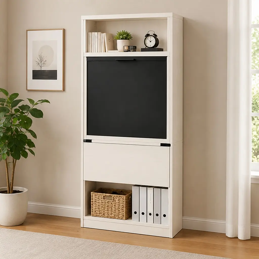 Fold-Out Convertible Wall-Mount Writing Desk, Space-Saving Murphy Table Cabinet with Storage Shelves and Blackboard, Ancient White Wood, 20.1"W x 38.6"D x 60"H, for Home Office, Living Room