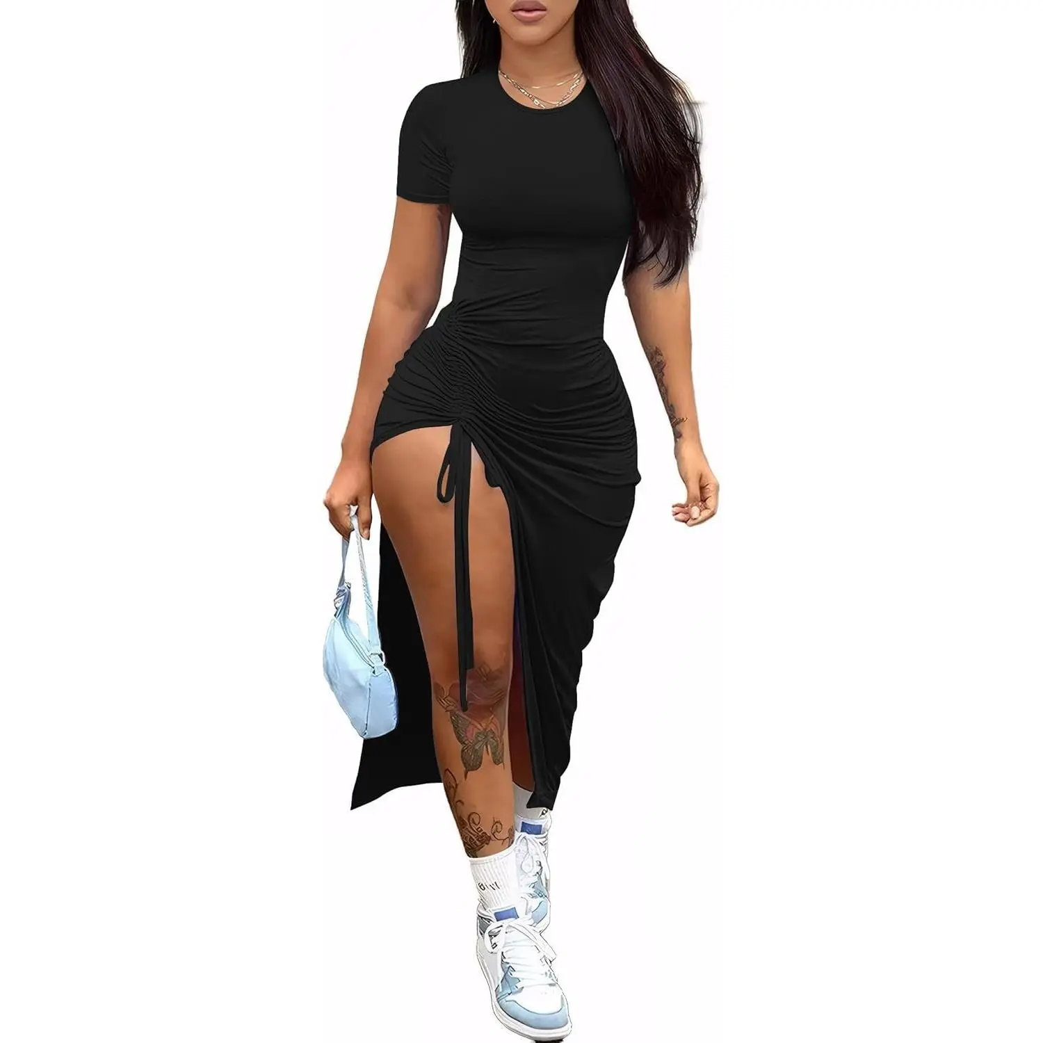 Women's Sexy Summer Bodycon Maxi Dress with Short Sleeves, Thigh-High Slit, Ruched Detail, Club Cocktail Party Dress(Gift)