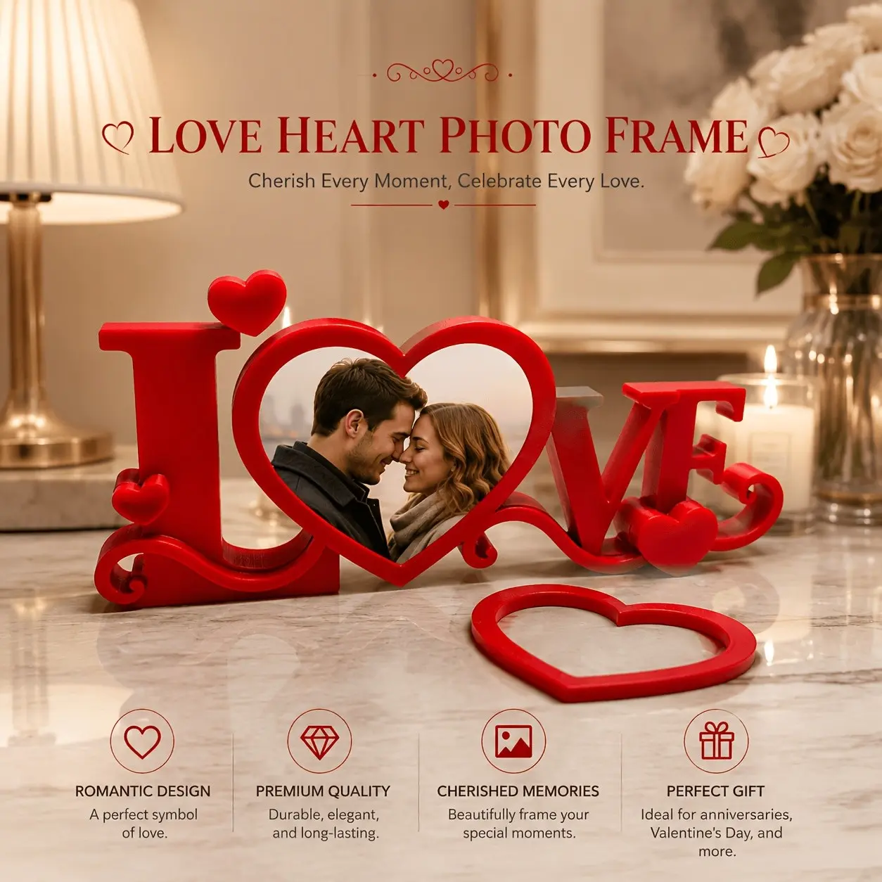 Romantic Heart Frame, Love-Themed Photo Holder, Picture Frame, Perfect Gift for Couples, Elegant Home Decor, Capture Special Moments Forever