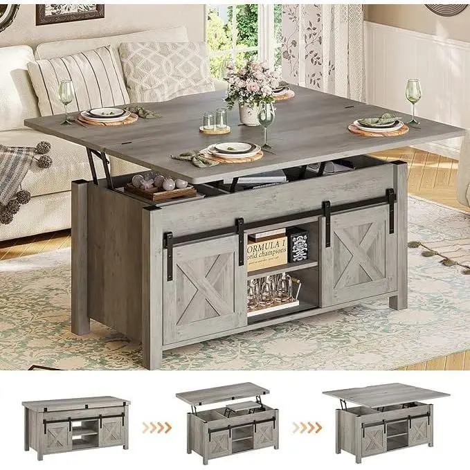 SIKAIC 4-in-1 Extendable Lift-Top Rectangular Coffee Table - Modern Farmhouse Cottage Indoor Furniture Table, Living Room Centerpiece with Popup Surface, Sliding Doors, Hidden Storage, Space Saving Furniture, Farmhouse Home Decor, Grey Mid-Size
