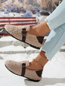 Women's Teddy Lamb Fur Slip-On Shoes, Fall Winter Warm Plush Mules, Non-Slip Comfortable Indoor Outdoor Footwear, Soft Cozy Design