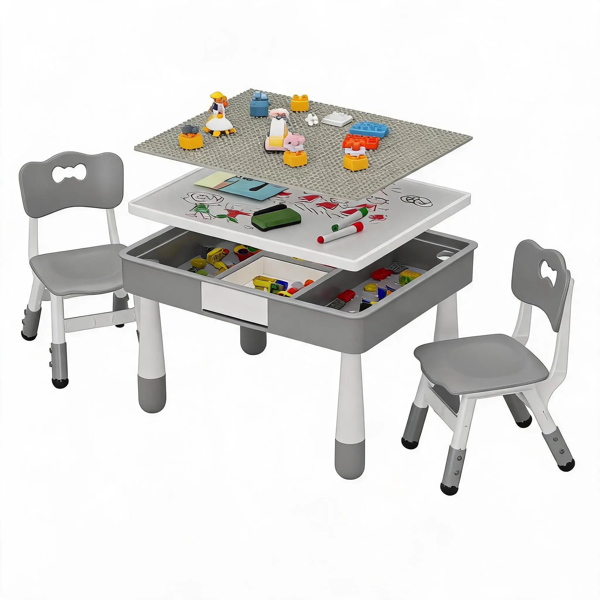 4-in-1 Kids Table & 2 Adjustable Chairs, Double-Sided Reversible Building Block & Graffiti Tabletop, Multi-Purpose Toddler Activity Desk for Ages 3-10, Play Dining Reading Drawing Gift for Boys Girls,Gray/Green/Pink
