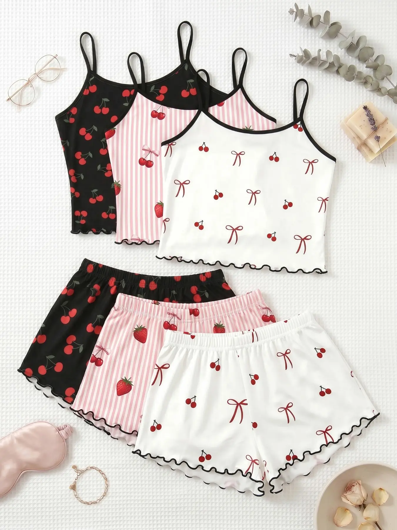 3 Pcs Set Women's Sleepwear, Bow Cherry Print Spaghetti Strap Tank Top & Shorts, Sexy Slim-Fit Sleeveless Aesthetic Pajamas, All-Season Home