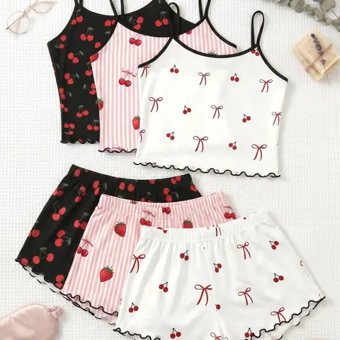 3 Pcs Set Women's Sleepwear Bow Cherry Print Tank Top & Shorts, Sexy Slim-Fit Sleeveless Aesthetic Pajamas, All-Season Everyday Home