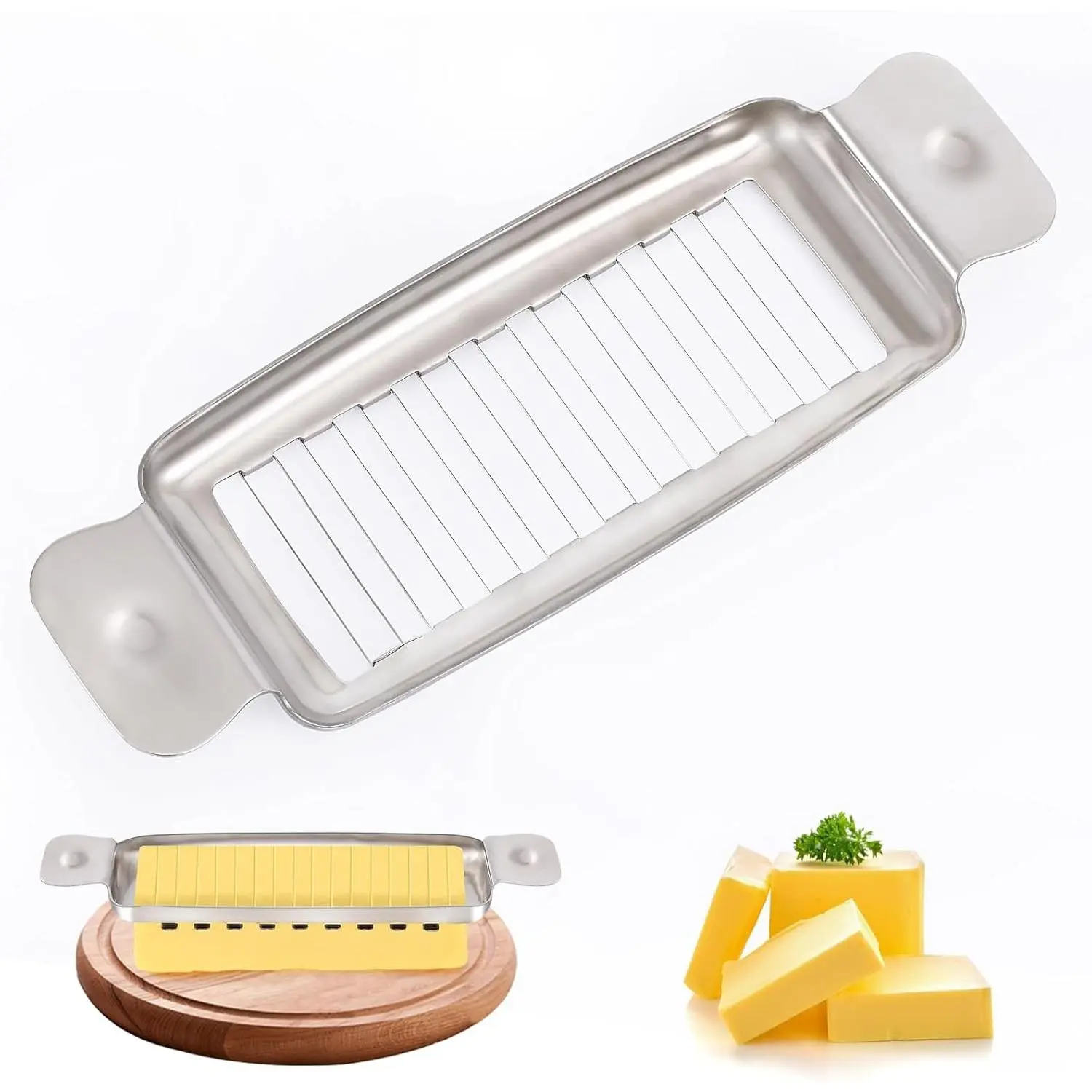 Butter Slicer with 18-Wire Cutter for Uniform Slices | Stainless steel construction cuts butter and block cheese into 1/4 inch slices. Ergonomic handle. Dishwasher safe.