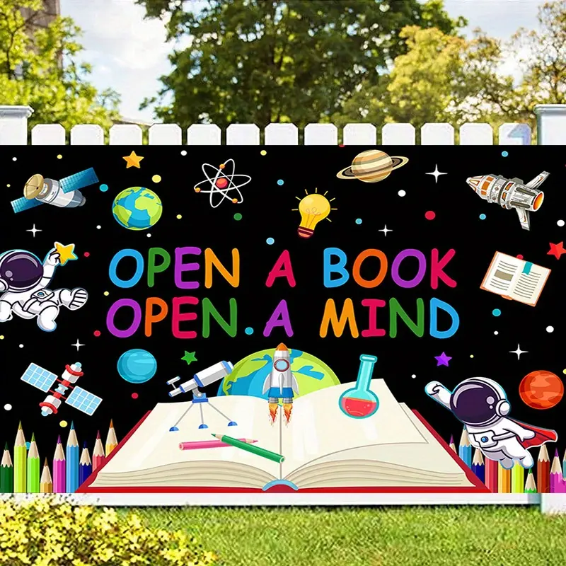 World Book Day Backdrop Banner, Open Book Learning Theme Polyester Wall Tapestry for Classroom Library Decor, School Events, Photo Booth and Party Decoration