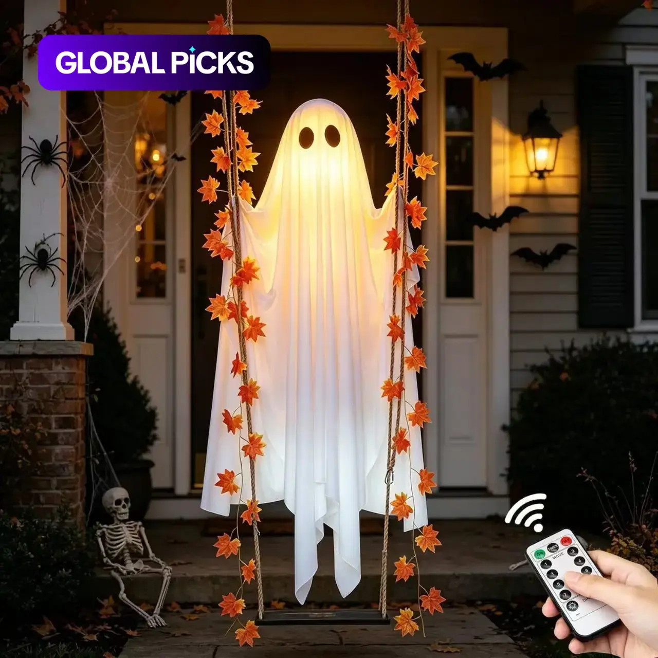 Maple Leaf Spooky Ghost Swing Ornament Halloween Party Decor, Indoor Outdoor Atmosphere Hanging Decoration, Halloween Event Props