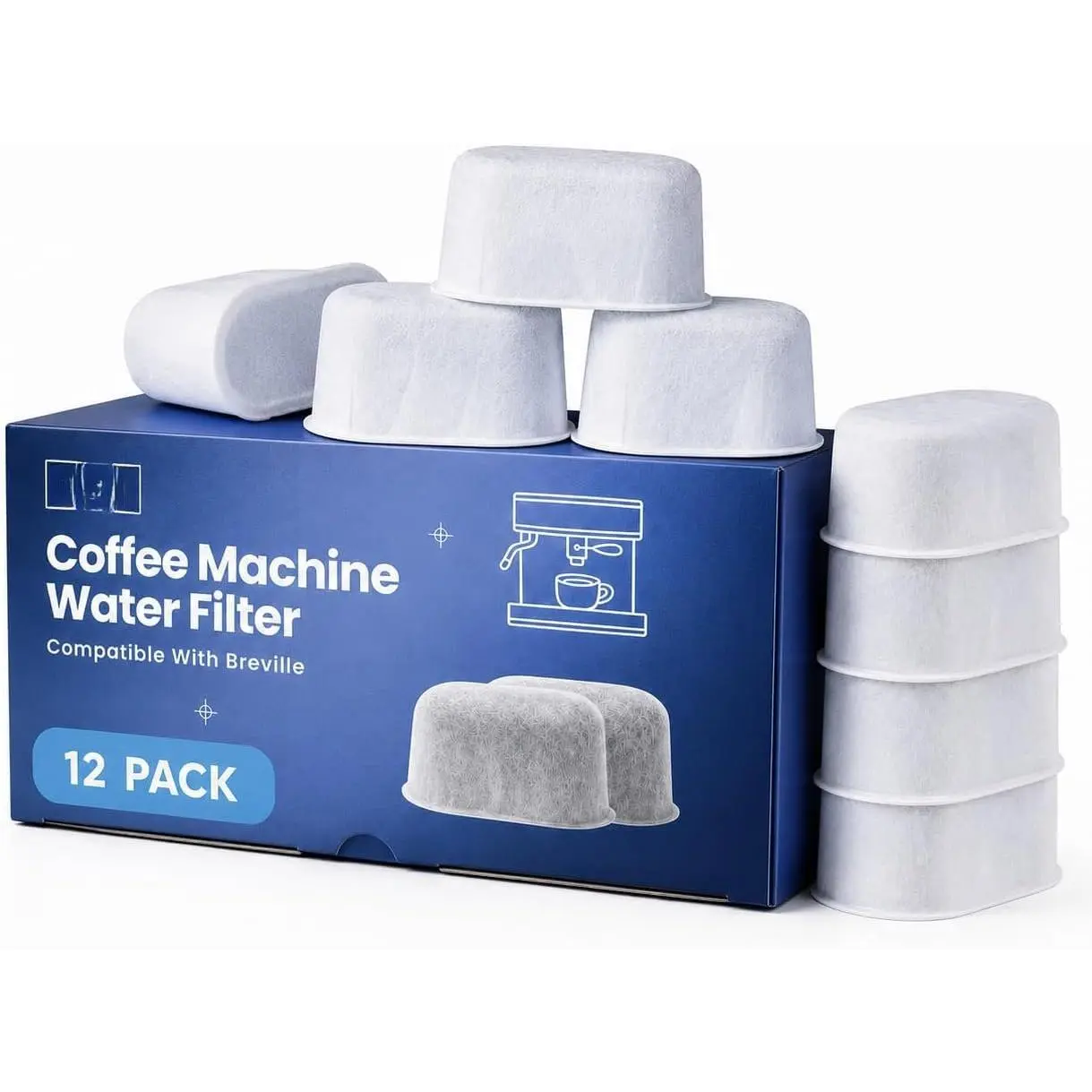 12-Pack Water Filter  for  BWF100 Espresso Machines – Compatible with Barista Express, Barista Pro, ,  Boiler, BES980XL BES870XL BES920XL – Activated Charcoal Filters