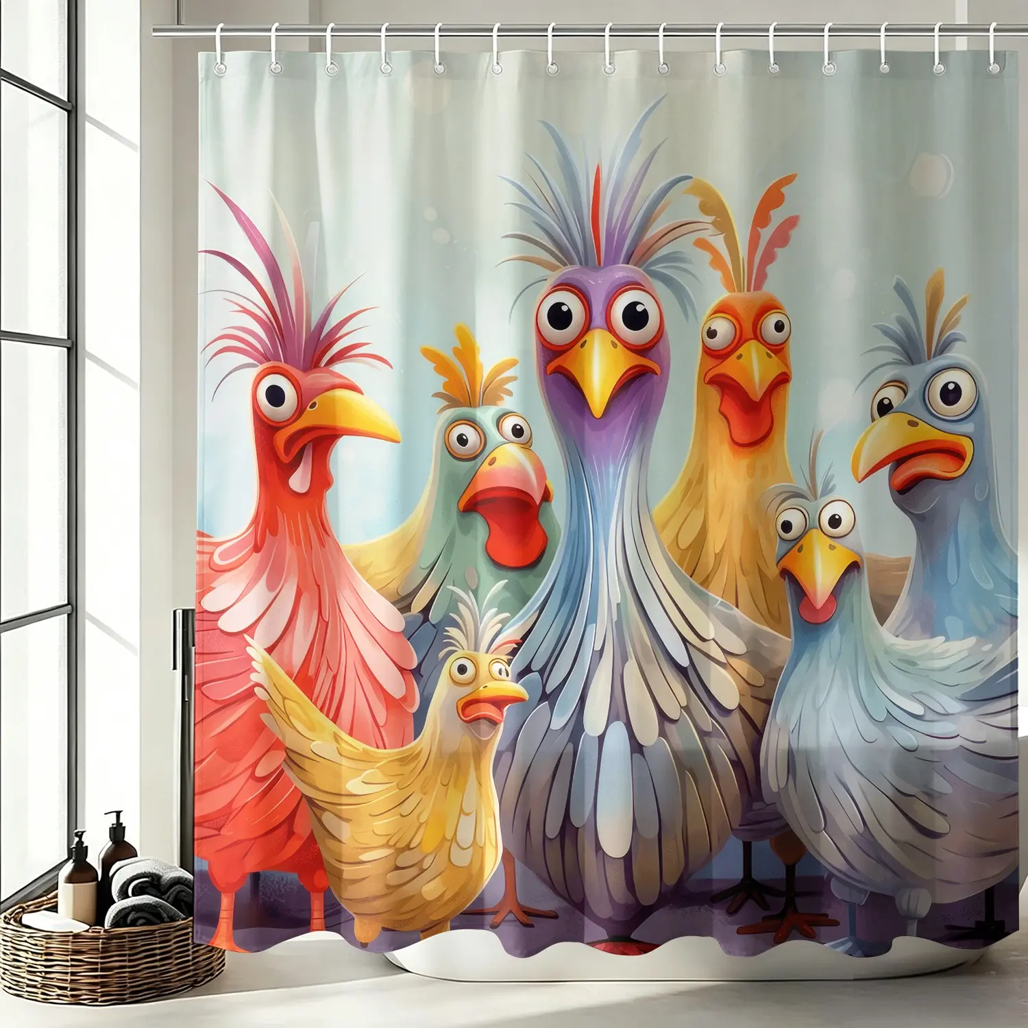 Funny Colorful Cartoon Chicken Shower Curtain Set, Waterproof Cloth Fabric Bathtub Curtain 72"x72" with 12 Hooks, Whimsical Farm Bird Country Animal Bathroom Decor Accessories