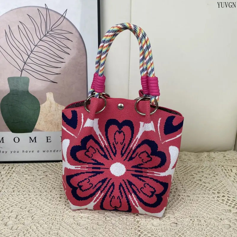Women's Floral Knit Bucket Bag, Boho Handbag with Purple Daisy and Heart-Shaped Flower, Casual Mini Tote with Braided Handle & Snap Closure tiktokshopbacktoschool