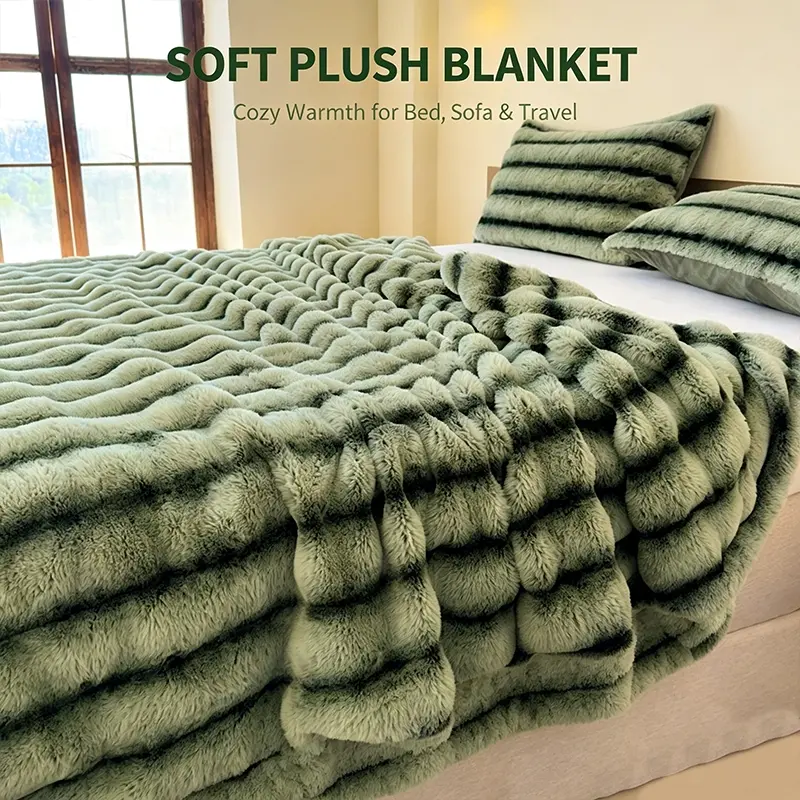 Two-Tone Vertical Stripe Fluffy Plush Decor Blanket, Heat Retaining Skin-Friendly Material, Versatile Layer for Couch Lounging, Balcony Relax and Housewarming Present