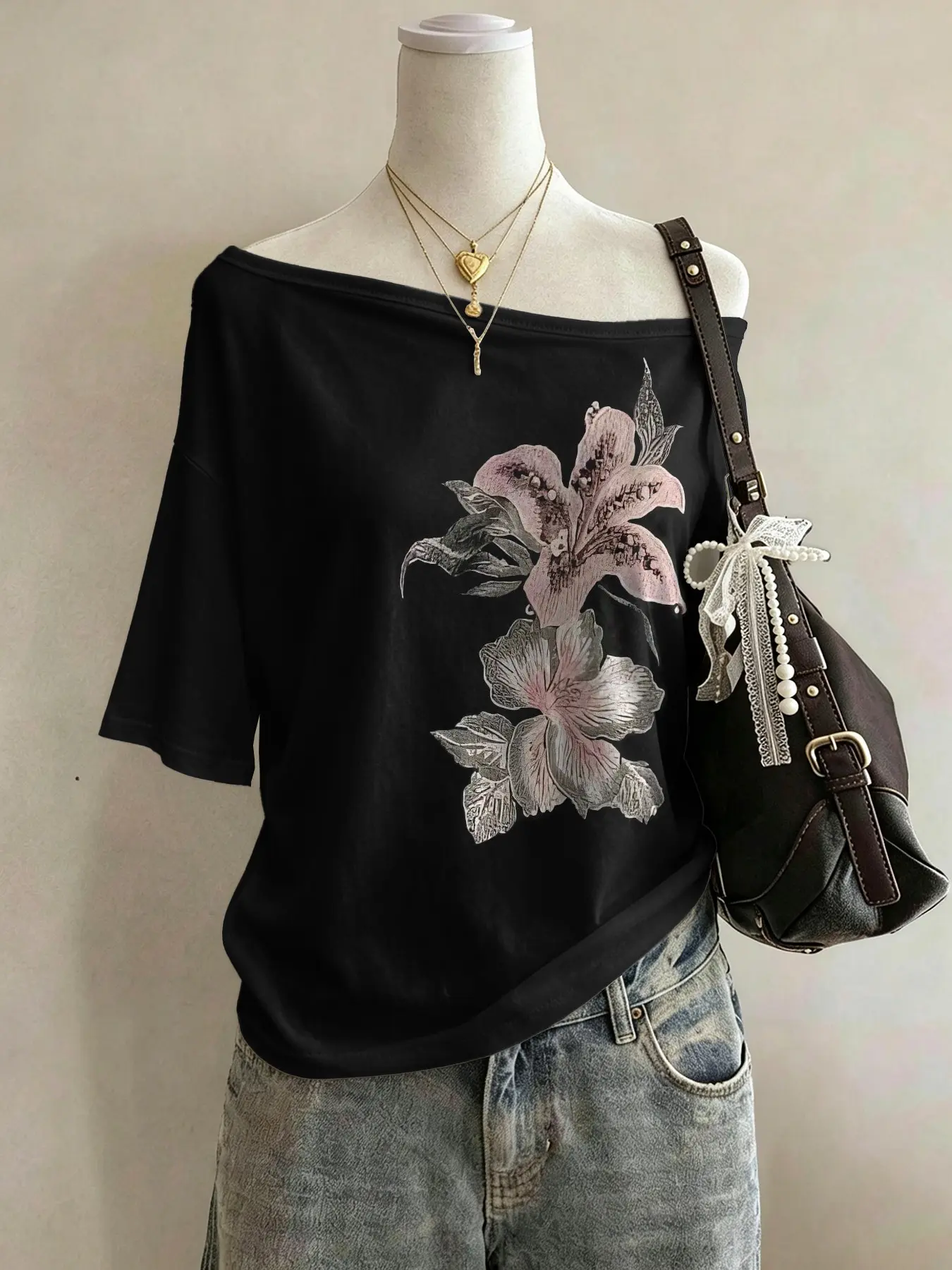 Elegant Boho Casual Summer Women’s Floral Graphic Off Shoulder Oversized Short Sleeve Tee,  Minimal Coquette Fashion Staple, Cool Touch Lightweight Anti-Fade Soft Material, Easy Matching Washed Bottoms, Wide Leg Trousers & Casual Shoulder Bags