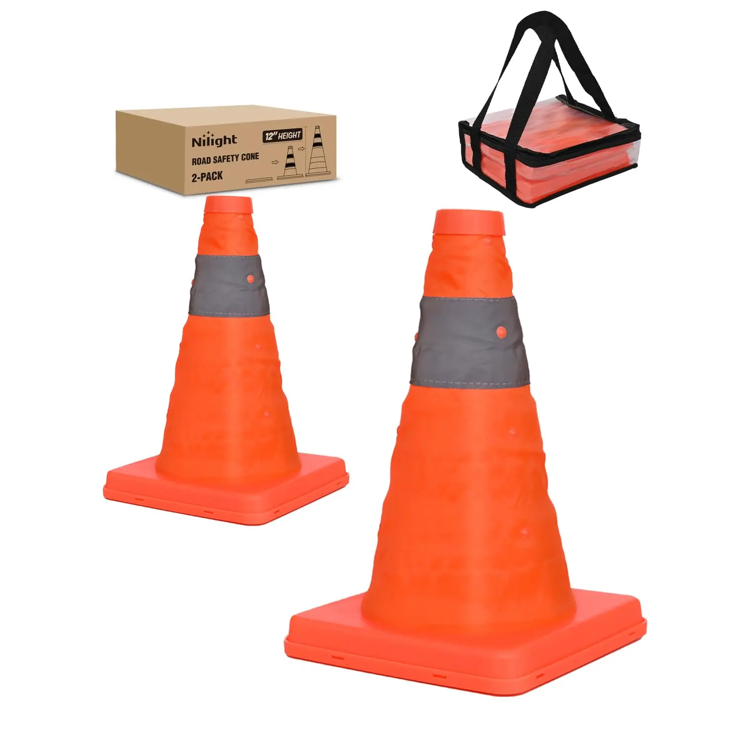 Nilight 12-Inch Rugged Work Safety Cones (2 Pack) - High Visibility Collapsible Bright Orange Oxford Fabric Cones with Reflective Collars for RV Camping, Parking Control, Hazard Marking, Protective & Ready Storage, High Visibility Day & Night