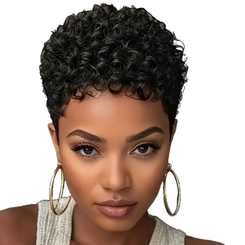 Women's 10 to 15 cm Short Curly Pixie Cut Synthetic Full Machine Wig - Bounce, Natural Style, Natural Looking Hair, Seamless Blend Hairline, Fits Securely, Available in 1B Black or 8 Light Brown, Colored Curly Synthetic Full Machine Wigs