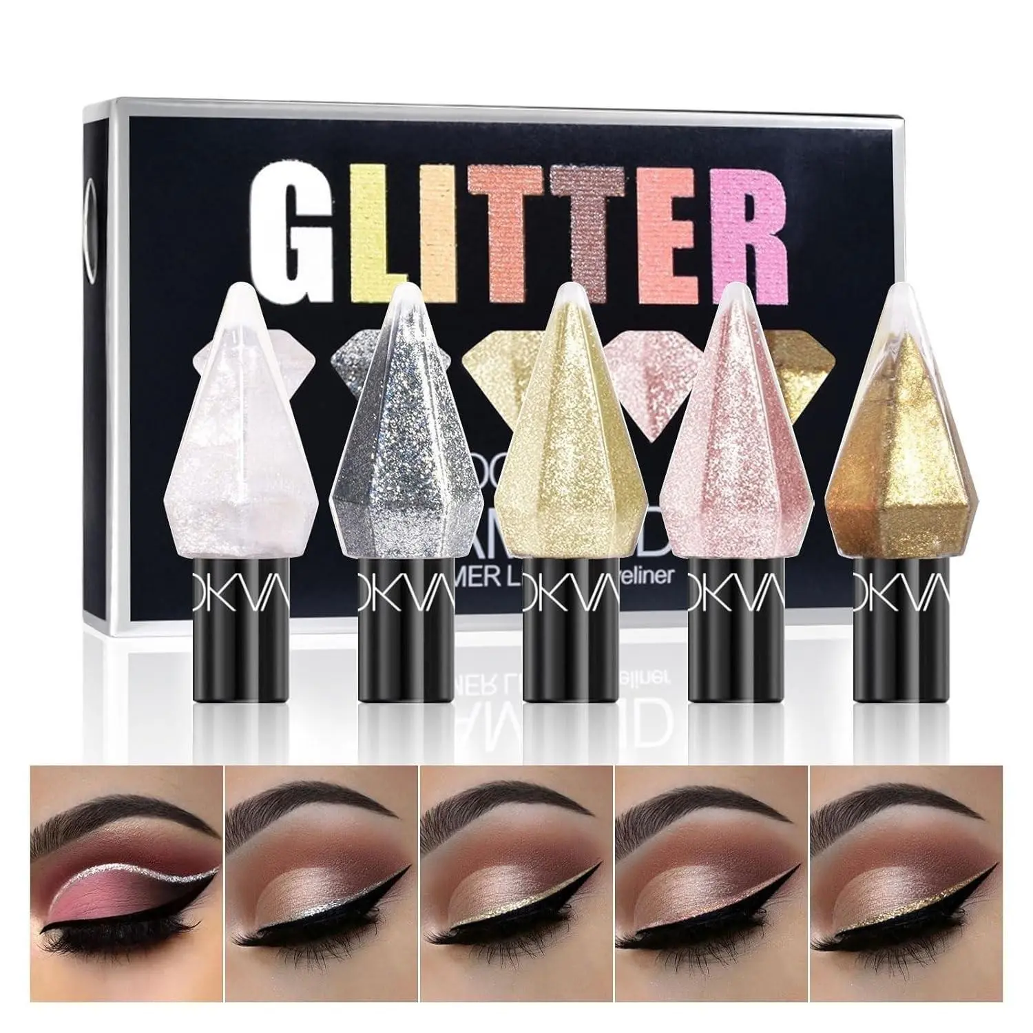 5Pcs Glitter Liquid Eyeshadow Set, colorful waterproof sweatproof long-lasting, buildable non-crease glossy shimmer eye highlight, nice makeup gift for women, Sparkly Shimmer Eyeshadow