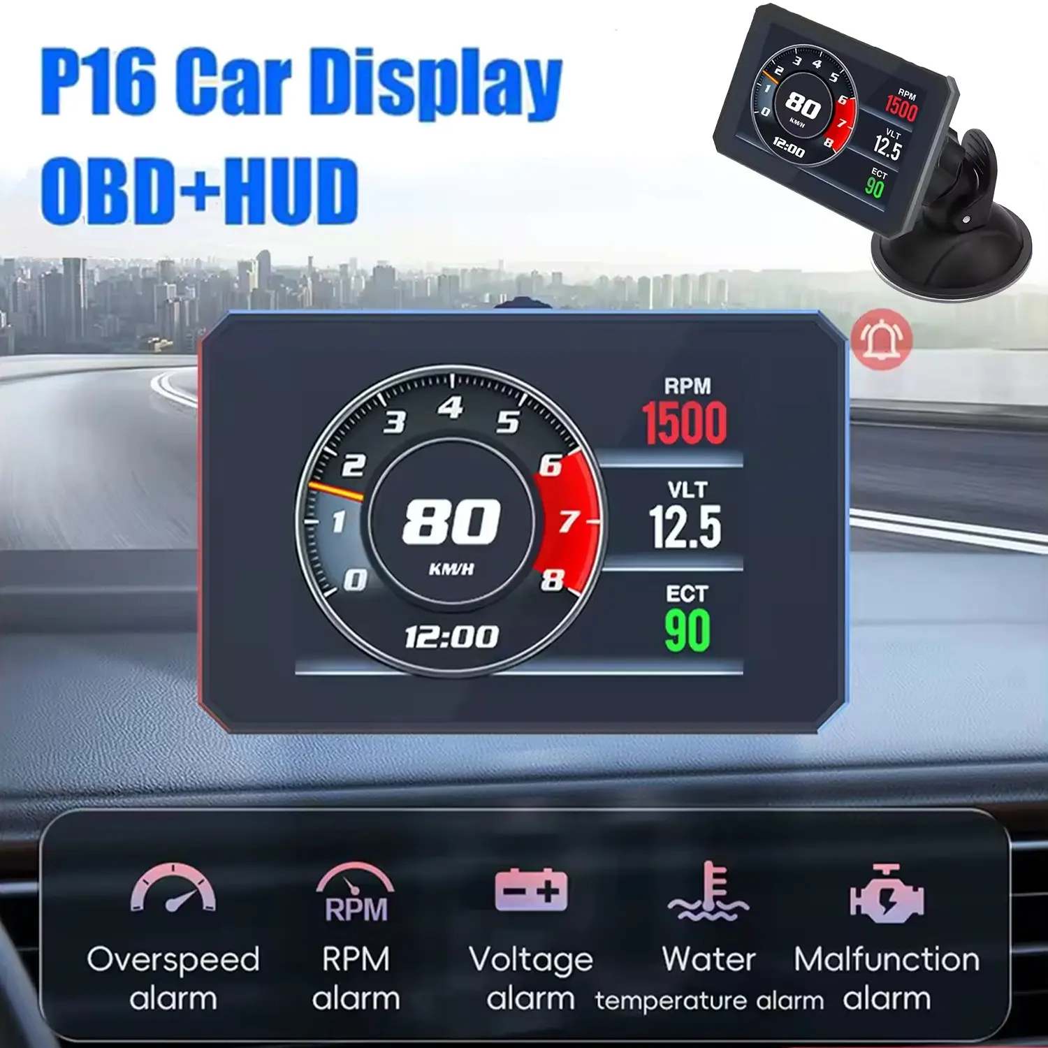 P16 Car Head-Up Display, Obdii Smart Speedometer with 360° Rotating Vacuum Mount, Rpm, Water Temp, Voltage, Engine Fault Alerts