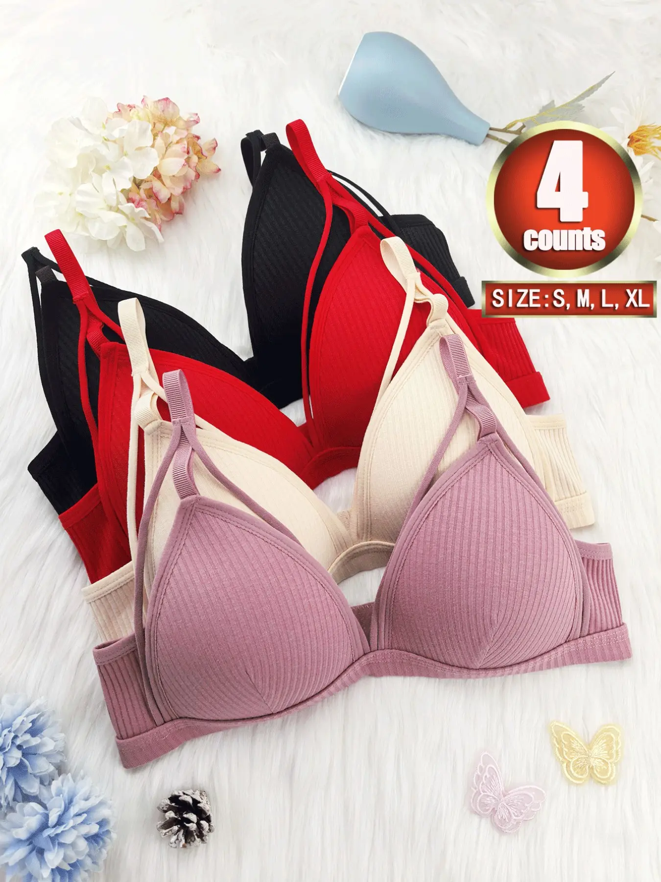 4 pieces, women's lingerie, Fashion bra, comfortable non-wired Medium Style bra, comfortable and breathable bra, back-clasp bra adjustable strap, casual bra, Bralette, Hollow Out Bra, Everyday, Lightweight, ideal for all seasons