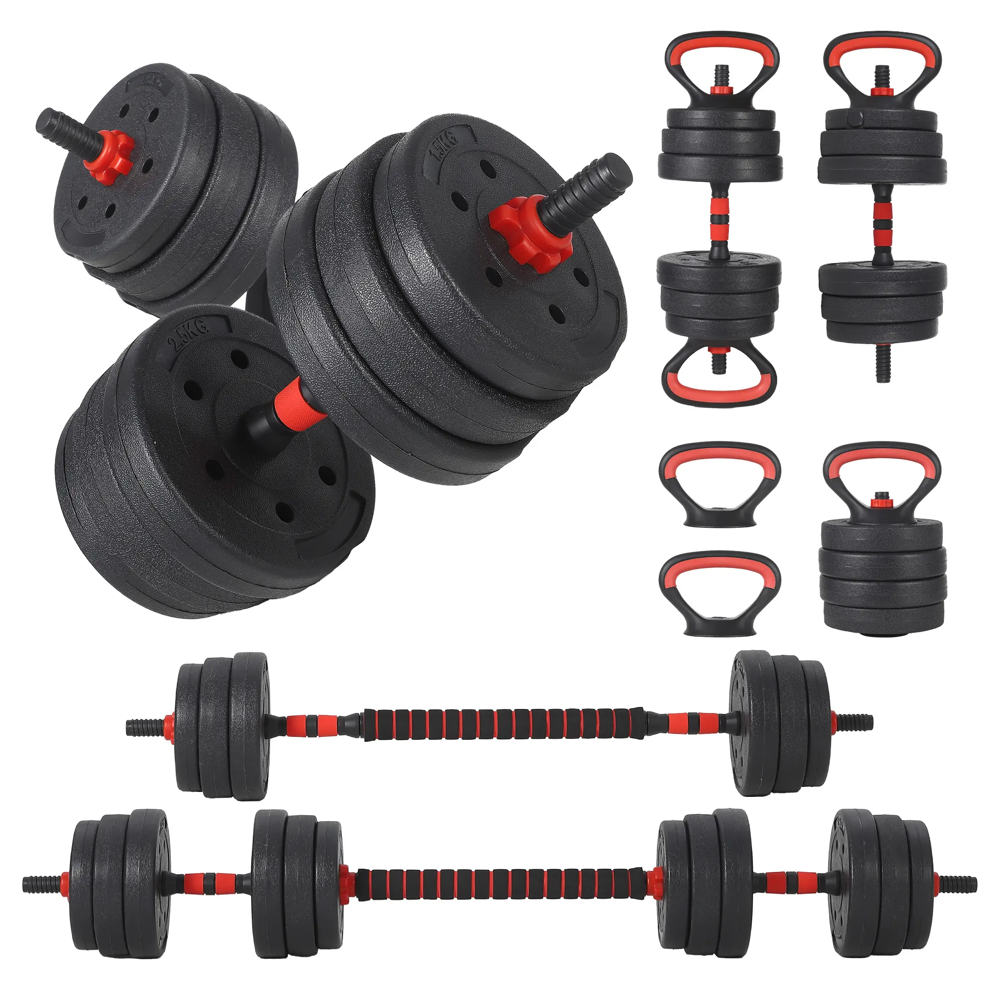 5-in-1 Adjustable Dumbbell Set – 44/55/66 lbs Free Weights – Converts to Barbell, Kettlebell & Push-Up Stand – Anti-Slip Ergonomic Handle, Secure Locking Nuts, Floor-Friendly, Compact Strength Training Equipment for Home Gym – Black & Red