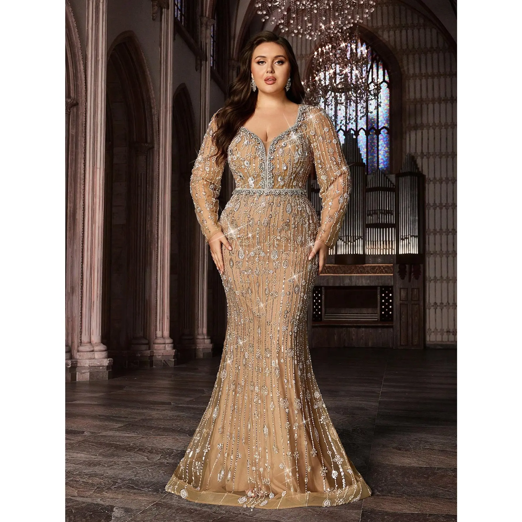 Plus Size Fits V-Neck Wrap Long Sleeve Beaded Mermaid Gown - Floor-Length Formal Dress with Beading Detail, Decorated Waistband, Hand Wash Cold