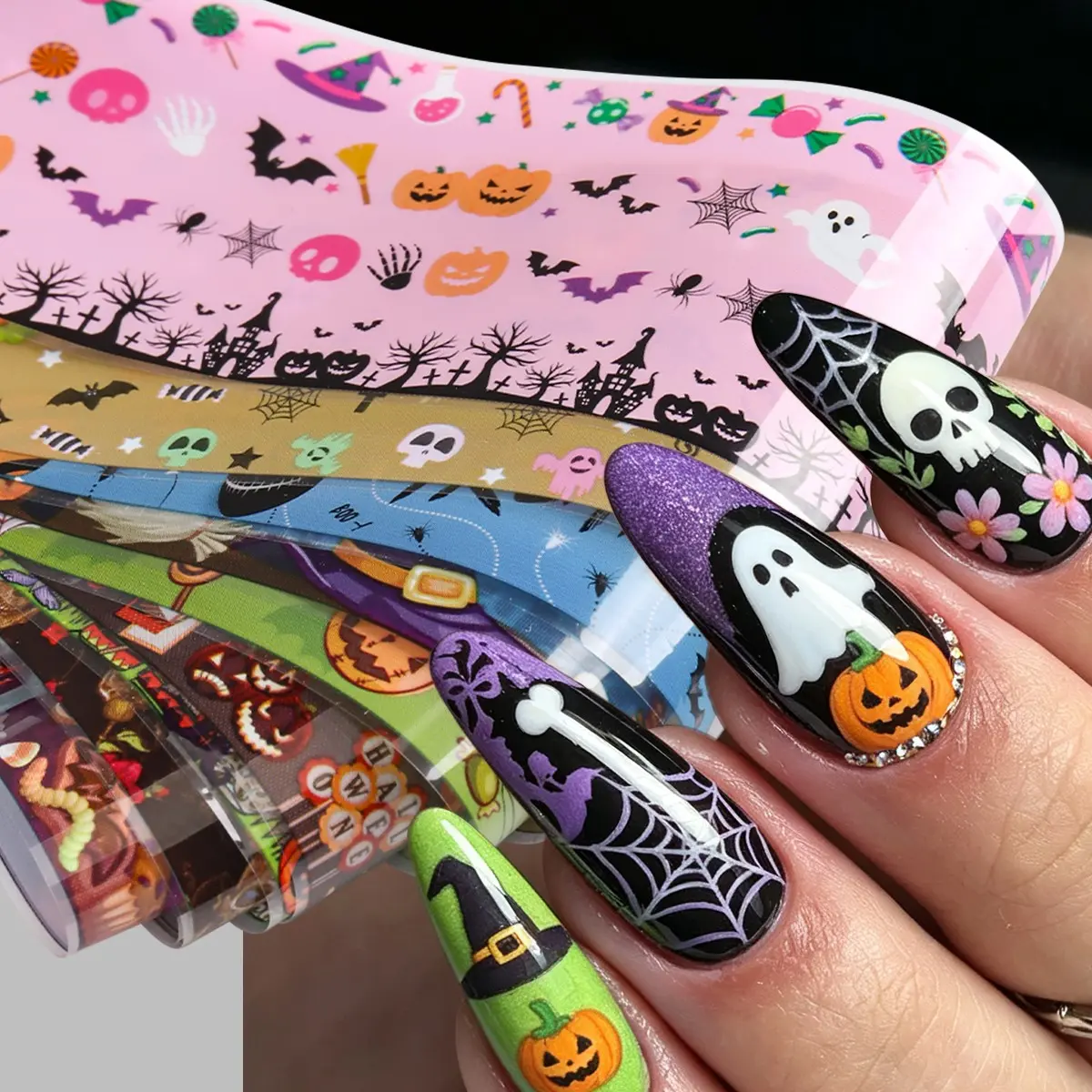 Halloween Nail Art Foil Stickers, Pumpkin Skull Bat Ghost Witch Castle Designs, DIY Nail Art Supplies, Nail Art Accessories, Non-Stick Foil, Perfect for Parties