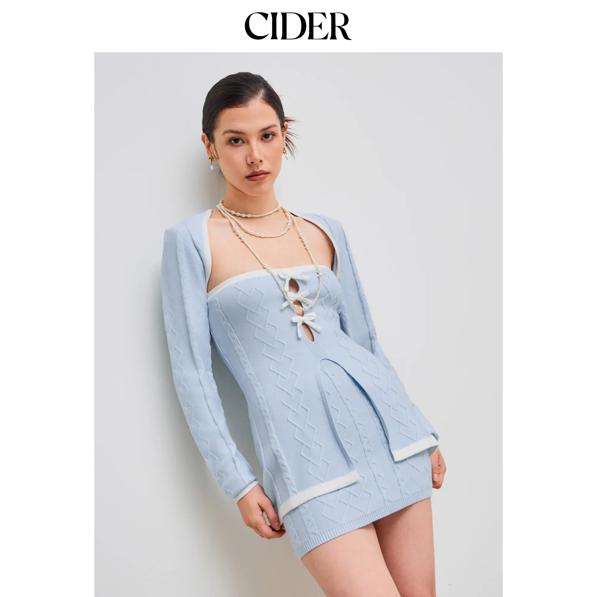 Cider [size 2-10] Knitted Solid Contrasting Binding Long Sleeve Crop Cardigan & Solid Bowknot Cut Out Tube Top