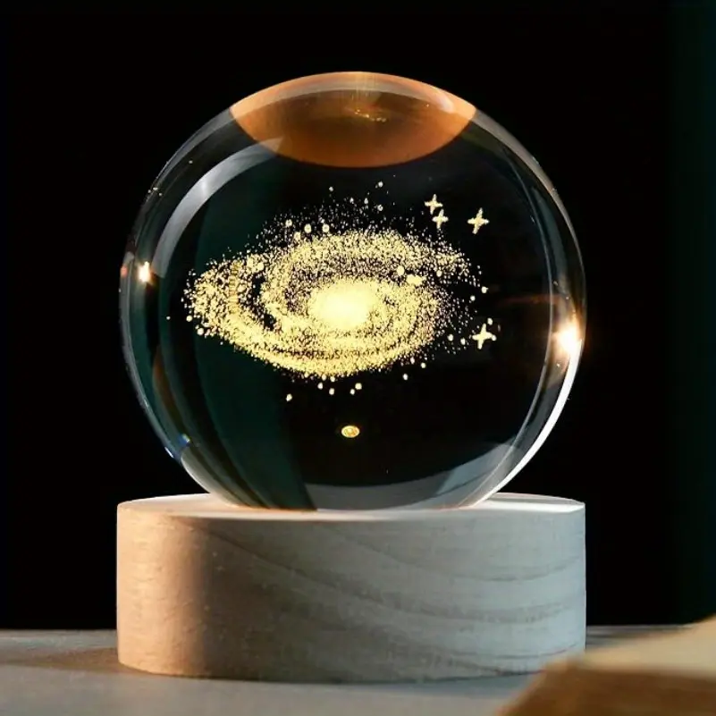 1pc Warm Light 3D Galaxy Crystal Ball 2.36" Laser Engraved Glass Planet Sphere Gifts with Lighted Base Home Office Decor Space Universe Birthday Gift for Girlfriend, Boyfriend, Wife, Husband, or Valentine's Day Gift for Astronomy Lovers