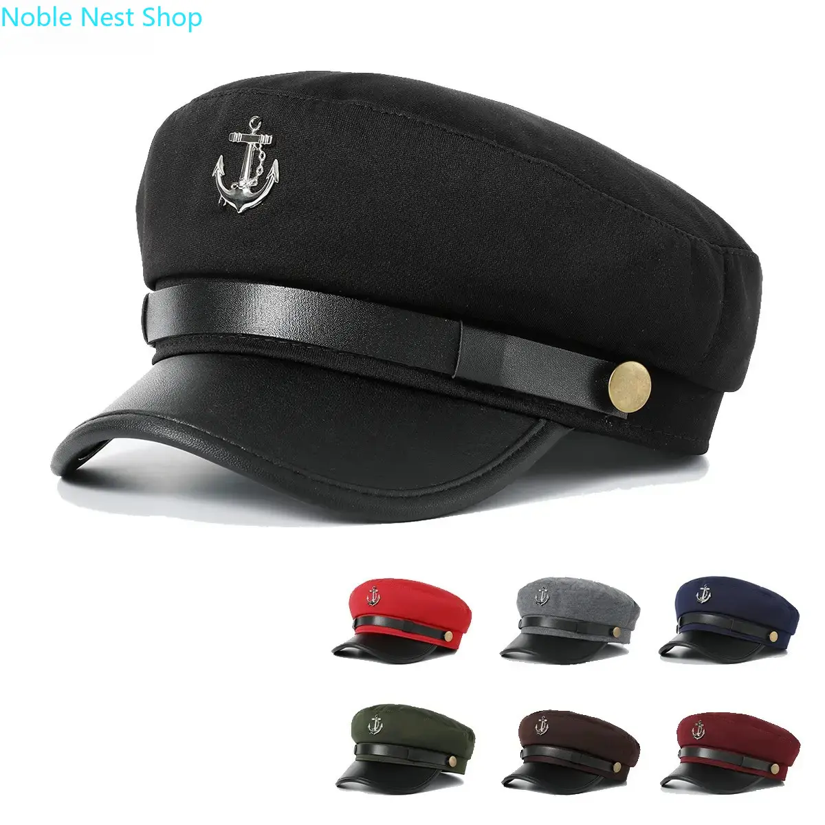 Retro Nautical Baker Boy Cap for Women, Military-Inspired Newsboy Hat with Navy Anchor Emblem, Casual, Blue, Chic Look