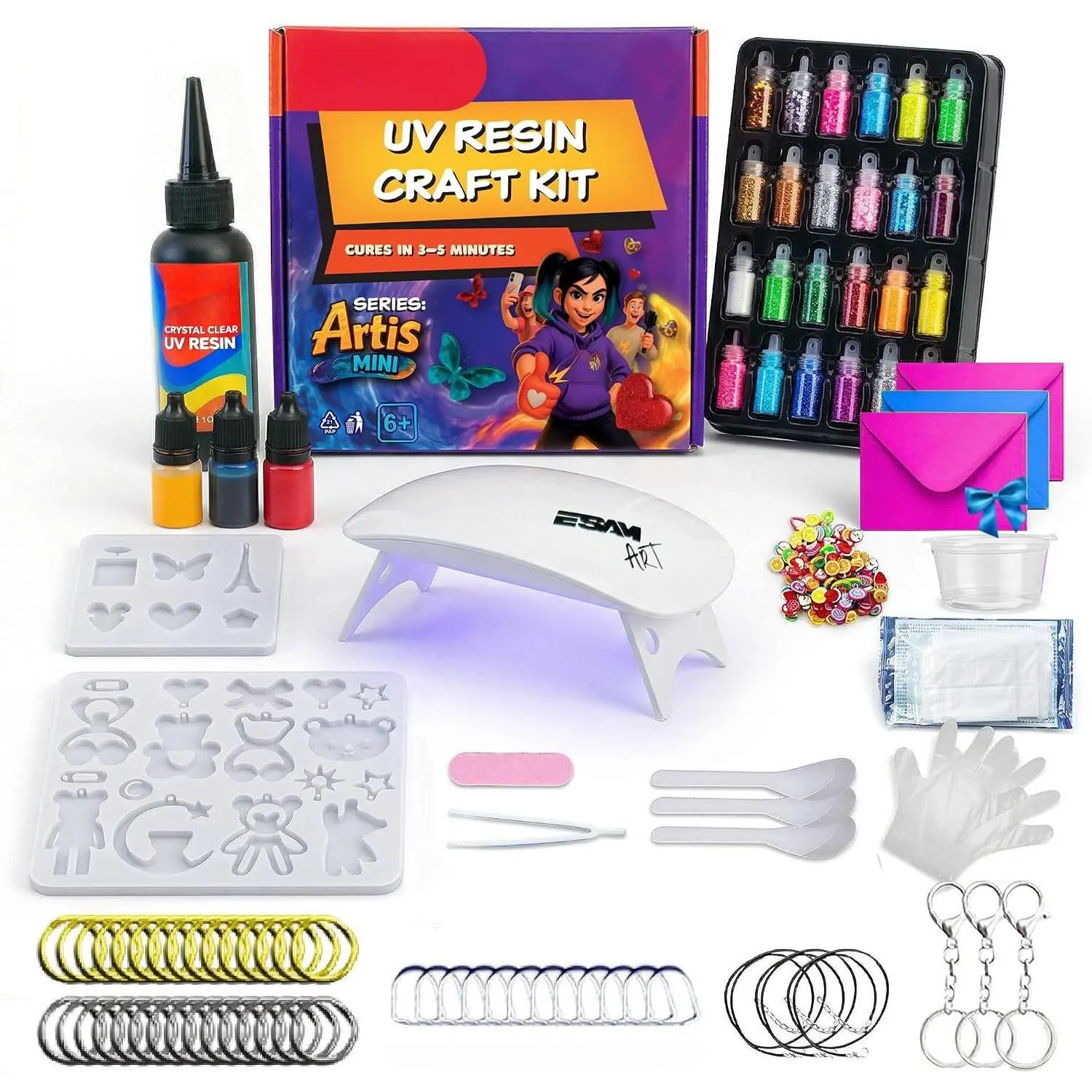 300 count UV   Making Kit for , Teens & Beginners – Complete Starter Set with UV Lamp, 2  Molds, 24 Glitter Jars, Pigments & Tools (Starter Kit)