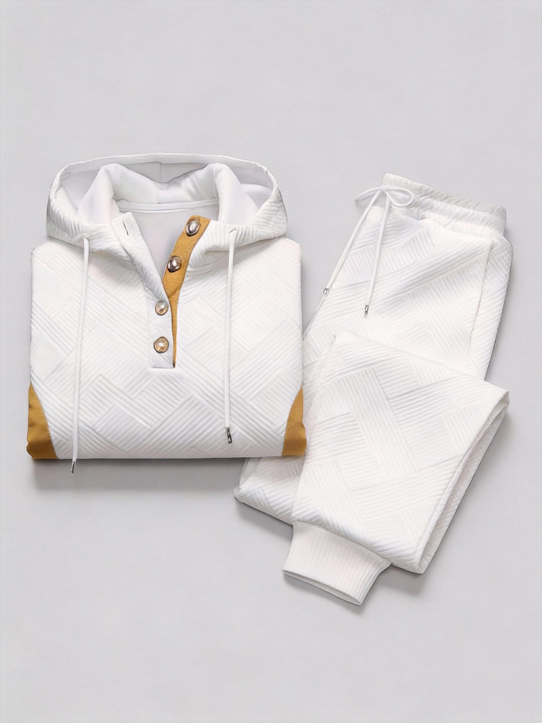 Men's 2-Piece Beige Tracksuit (Hoodie & Joggers) - Diamond Texture, Half-Button Placket (Brown Accent), Casual Stylish Outfit