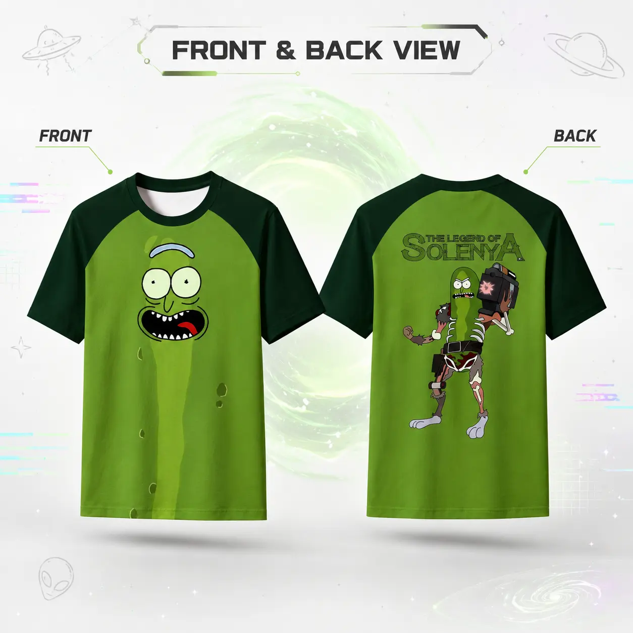 Rick and Morty Pickle Rick T-Shirt, Green Black Raglan Short Sleeve Crewneck, Front Back Cartoon Graphic, Fantasy Warrior Retro Baseball Tee