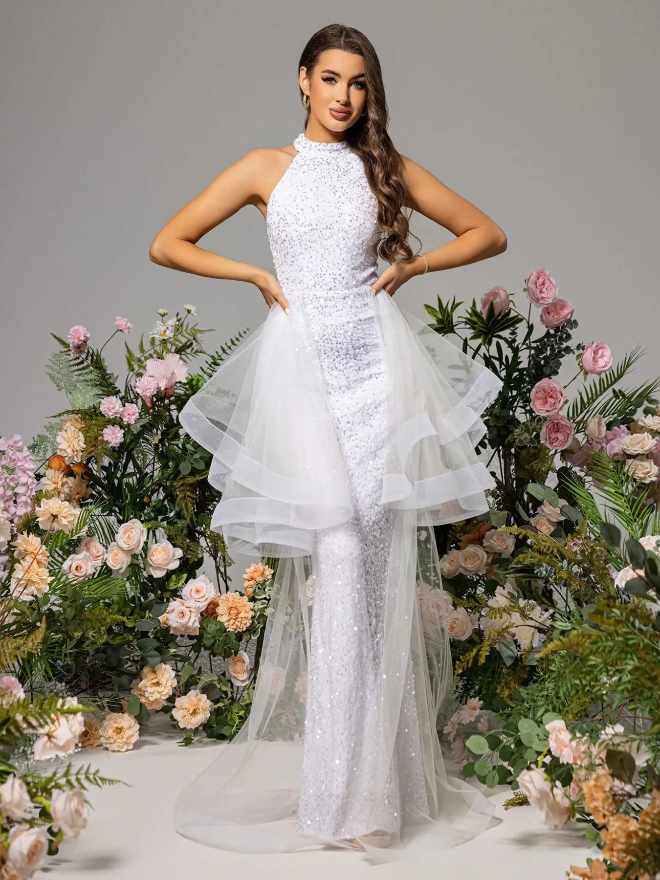 Strapless Sleeveless Halter Sequin Layered Ruffle Mesh Bodycon Fish Tail Train Elegant Long Dress, Wedding Bride Gown, Engagement Party Evening Dress