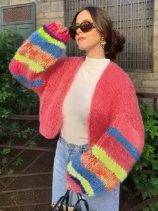 Women’s Rainbow Cardigan Sweater, Elegant Long Sleeve Knit Cardigan, Cropped Loose Fit Women’s Top, Color Block Y2K Sweater Jacket, Cute Cozy Fall Winter Outfit for Work, Streetwear, Shopping and Daily Wear