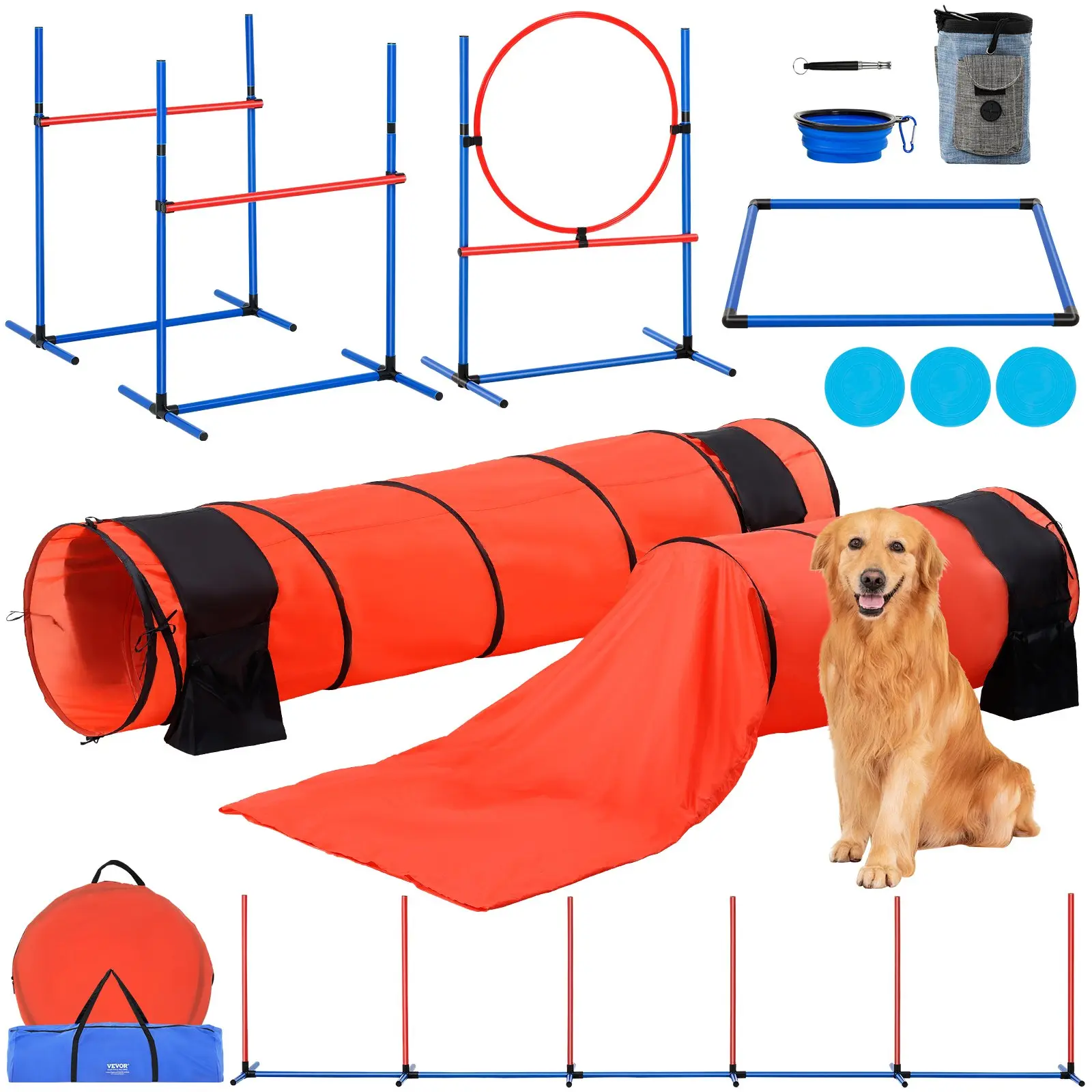 VEVOR 7-PCS PVC Dog Agility Training Equipment Upgrade Kit, Adjustable High Hurdles, 6 Weave Poles, 2 Foldable Tunnels (2x118.11in), 23.62in Jump Ring, Pause Box, Whistle, Foldable Bowl, 3 Storage Bags, Velcro Clips, Indoor Outdoor Use (16.4 lbs/7.44kg)