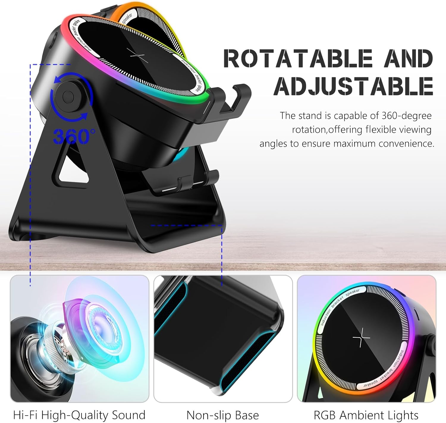 Wireless Induction Speaker, 5-in-1 Bluetooth 5.3 Phone Stand with 360° Rotation & RGB Ambient Light - Cool Tech Gadgets Gifts for Men Women Dad Mom - Compatible iPhone/Android/iPad/Samsung