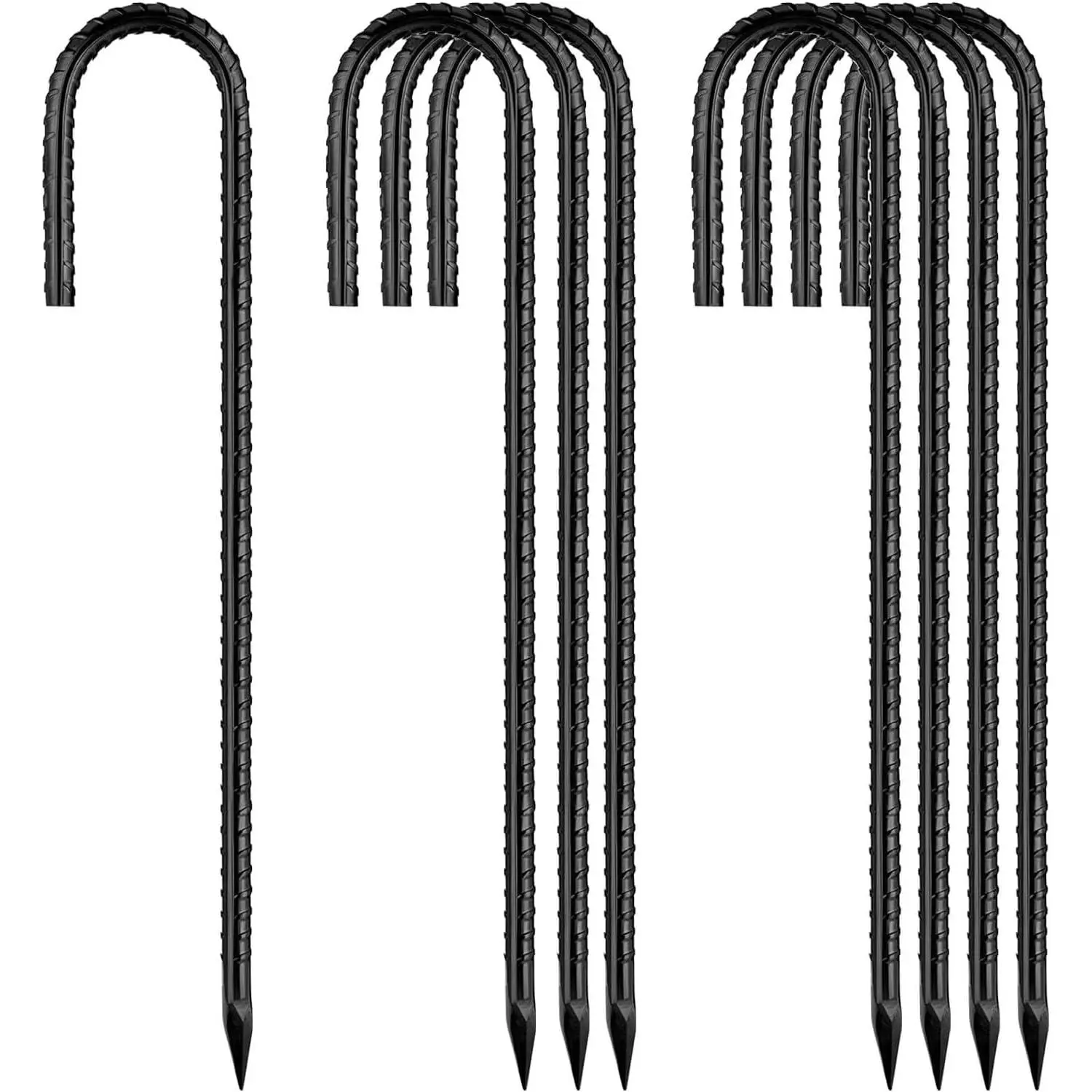 Rebar Stakes 12 Inch, Ground Stakes Heavy Duty J-Hook Black Coated Anti-Rust Heavy Duty Ground Anchors for Garden  Fence Chicken Coop Christmas Decorations  Fence 8 count