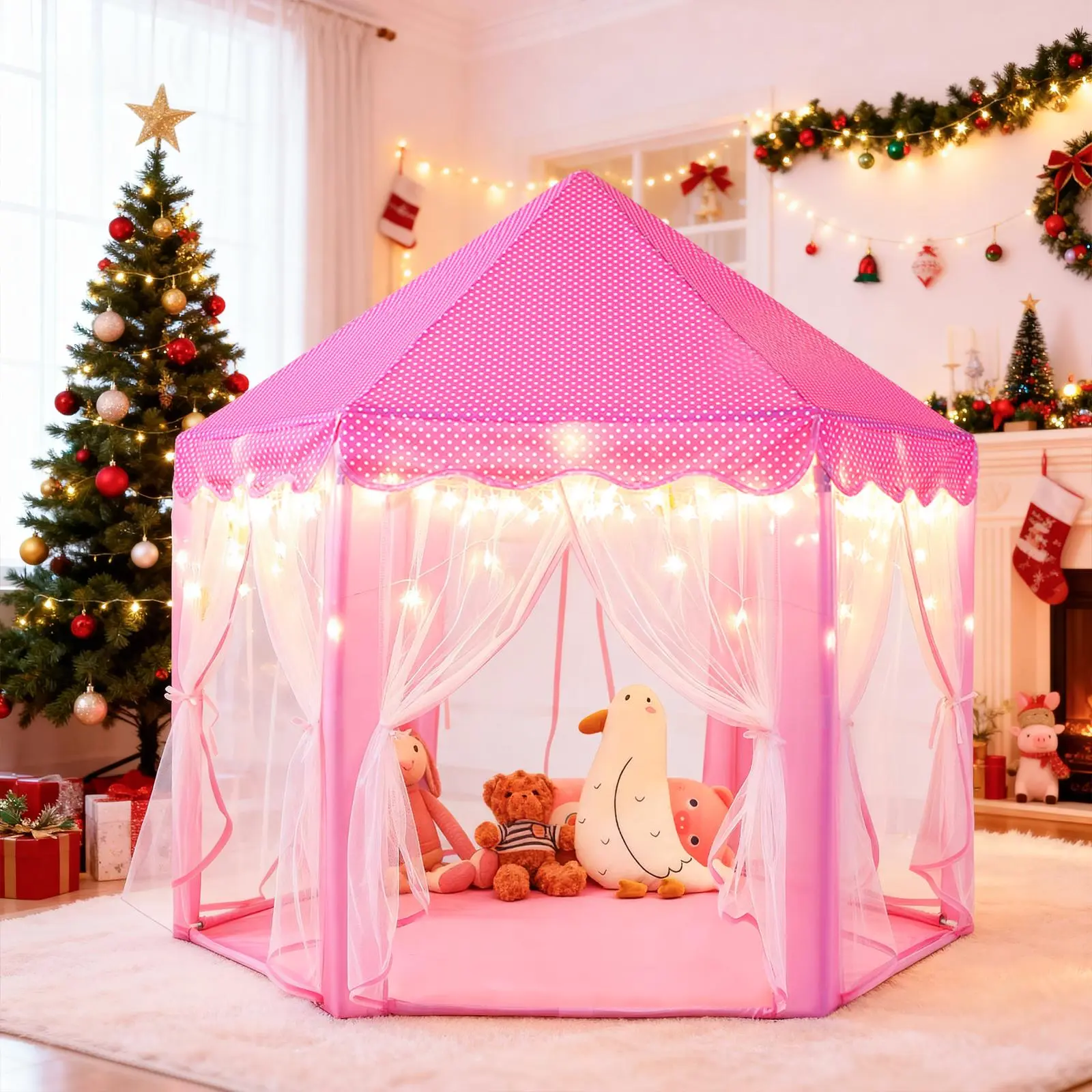 Apojungle Girl's Hexagonal Princess Castle Play Tent with Fairy Stars Decoration, Easy-Assemble Party Toy for 4-6 Years, 48L×52H Inch, Indoor-Sports Outdoor Use, Ideal Birthday Christmas Gift