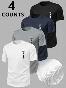 4-Pack Short Sleeve T-Shirts, Gym Training, Outdoor Hiking, Casual Commute, Men's Sporty Leisure, Ariat Letter Pattern, Soft Breathable Fabric, Unisex
