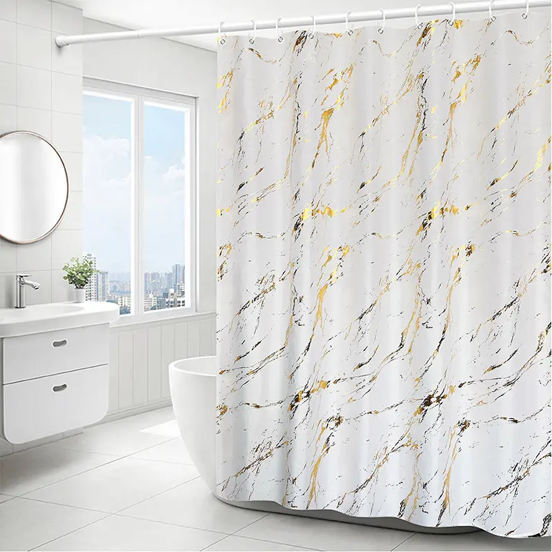 Light Luxury Bathroom Shower Curtain - Single Fabric, Tri-Color Marble Pattern, Gold-Silver Adhesive, Magnetic Design, Waterproof, for Home-Hotel Bathroom Decoration, Decorative Shower Curtain, Bathroom Shower Curtains