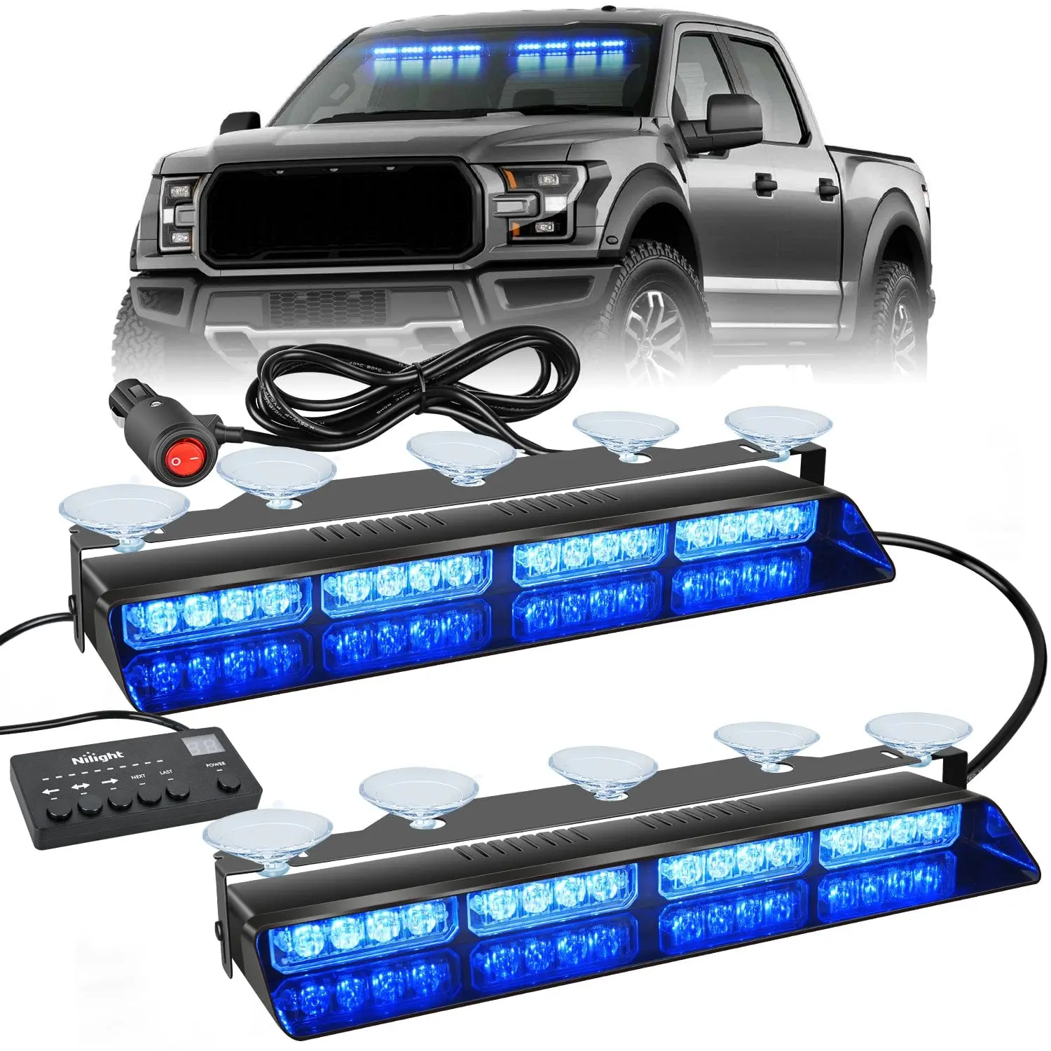 Nilight 32-LED Blue Emergency Dash Strobe Lights for Trucks, ABS-Body Vehicle Emergency Lights with Controller, Leakproof Suction Cups, Emergency Lights For Vehicles