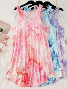 3-Piece Tie-Dye Print Comfortable Tank Dress Pajamas, Ideal for Spring Summer, Casual Home Wear Sleepwear Skirts
