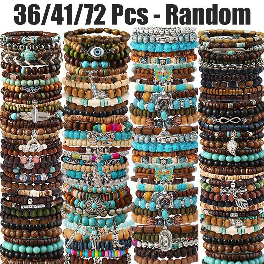 Random 36/41/72 Pcs Vintage Bohemian Style Beaded Bracelets Set - Handmade with Elastic String, Coconut Shell & Wooden Beads, Stylish Women's Retro Jewelry, Perfect for Daily Wear & Holiday Gifting