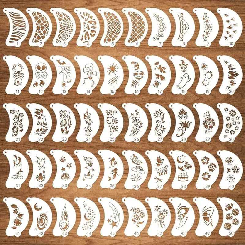 50 face painting templates, body and face painting templates, suitable for Halloween, Christmas, and holiday party art painting, PET material, washable and reusable