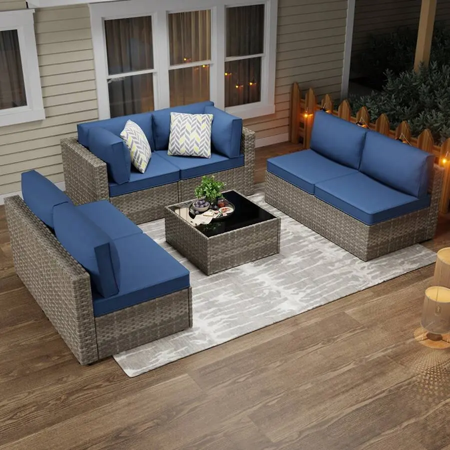 7 Pieces Patio Furniture Set Outdoor Sectional Sofa Couch With Comfy Cushions And Deep Seat, Modern Modular Wicker Rattan Conversation Set