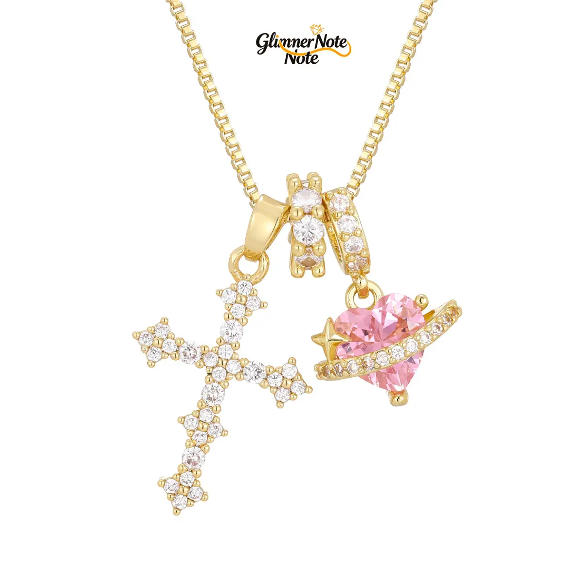 Teen Girls Faith Inspired Copper Base Cross and Crystal Saturn Heart Pendant Necklace Set in 17.72 Inches with 1.97 Inch Extender for Daily Christian and Boho Style, Affordable Fashion, Meaningful Gifts, 1.97 Inches Extender, Double Pendant Meaningful Des